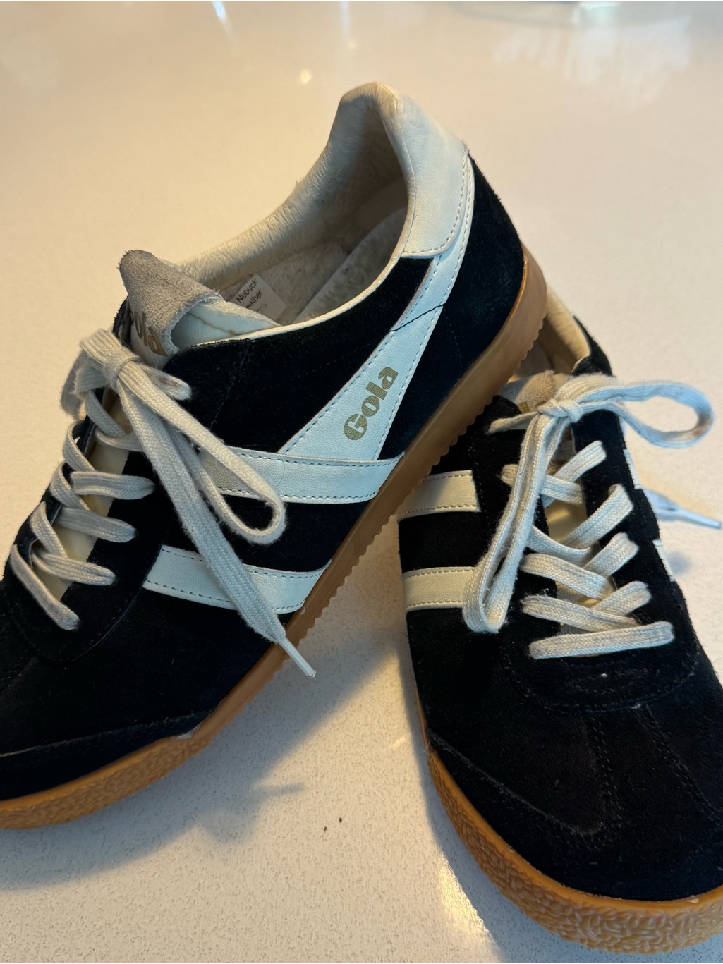 Elan Black Suede Sneakers With White Stripes And Gum Sole